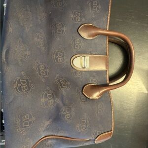 Dooney & Bourke Navy Logo Canvas Men's Carryall with Brown Leather Trim